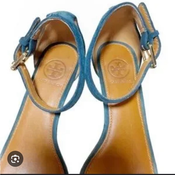 Tory Burch ‘Savannah’ Genuine Suede Cork Wedge Sandals in Teal & Tan Size 6 - Picture 2 of 3